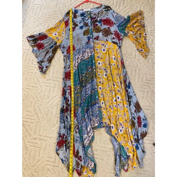 Umgee Patchwork Floral Print Handkerchief Uneven Hem Midi Dress Blue Yellow 1XL - Picture 7 of 7